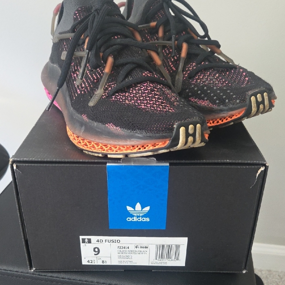 Adidas 4D FUSIO Black Knit Running Shoes with Pink & Orange Accents